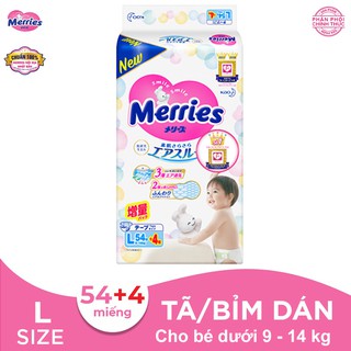 Tã/bỉm dán Merries size L - 54 + 4 miếng (Cho bé dưới 9-14 kg)