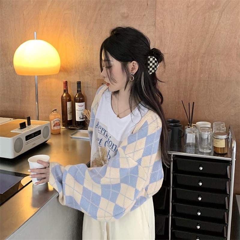 Áo khoác cardigan croptop form rộng dài tay nữ kẻ ô caro