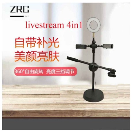 Live Stream 4in1- Đèn Để Bàn Có Chân Đỡ Micro LivesTream Hai Điện Thoại - Bộ Giá Đỡ Điện Thoại Livestream 4in1