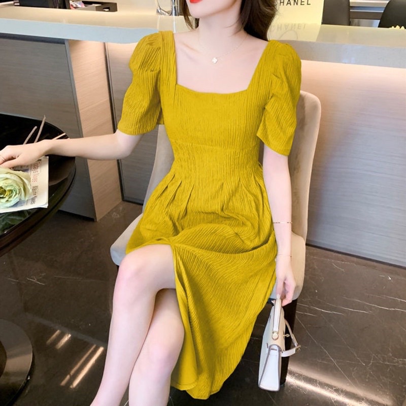 ĐẦM MIDI CỔ VUÔNG TAY PHỒNG GÂN SỌC