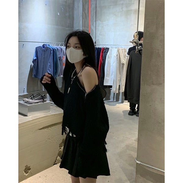 ▧∋✜Áo Sweater Dáng Rộng Tay Dài Lệch Vai Phối Khóa Kéo Thời Trang Mùa Xuân Hàng Mới 2022 Dành Cho Bạn Nữ