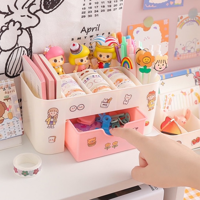 Hộp bút kệ đựng đồ trang điểm mĩ phẩm trang sức đa năng có ngăn kéo mini để bàn là quà tặng đáng yêu cho bạn gái