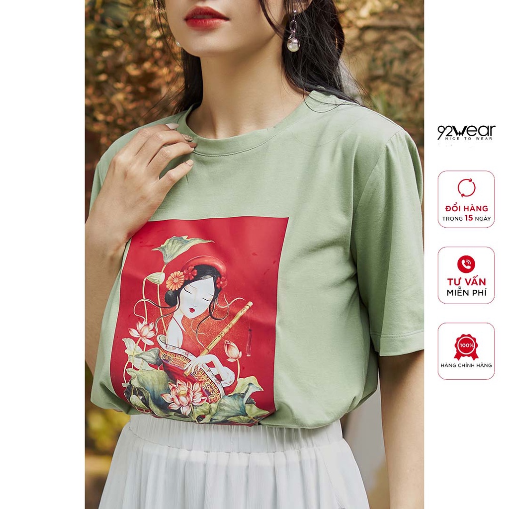 Áo phông nữ ngắn tay cổ tròn in hình cô gái 92WEAR, thiết kế trẻ trung, cá tính ATA2256