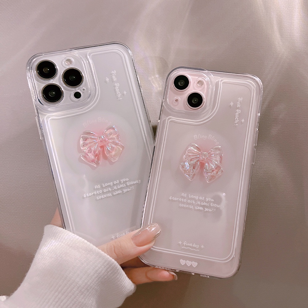 Ốp lưng cho iphone - Ốp trong đính nơ hồng xinh xắn, trong suốt lộ màu máy