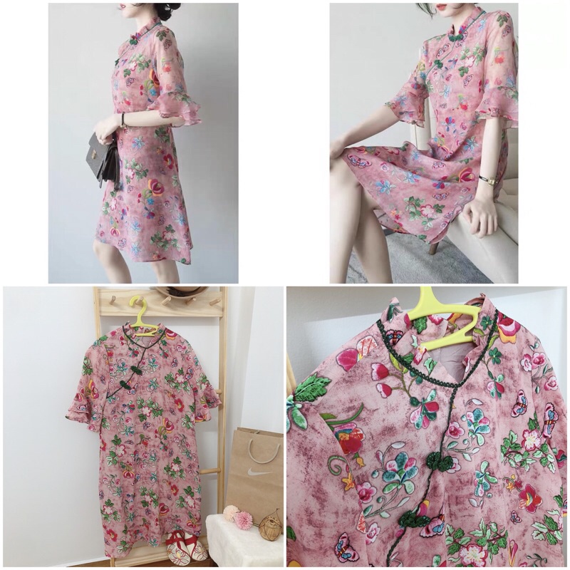 Sườn xám đầm hoa voan cách tân