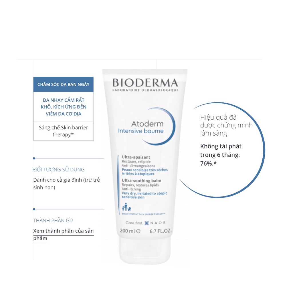 Kem dưỡng ẩm, làm dịu dành cho da khô, nhạy cảm, da chàm dị ứng Bioderma Atoderm Intensive Baume 75ml