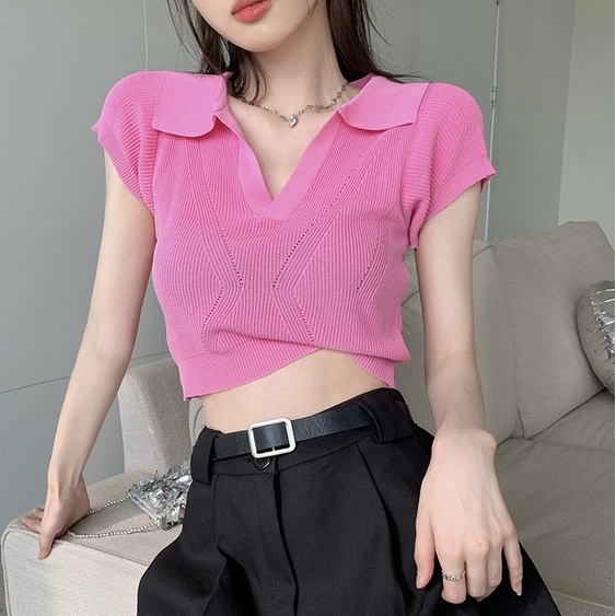 QKOOLE  Áo Croptop Dệt Kim Tay Ngắn Phong Cách Vintage Hàn Quốc