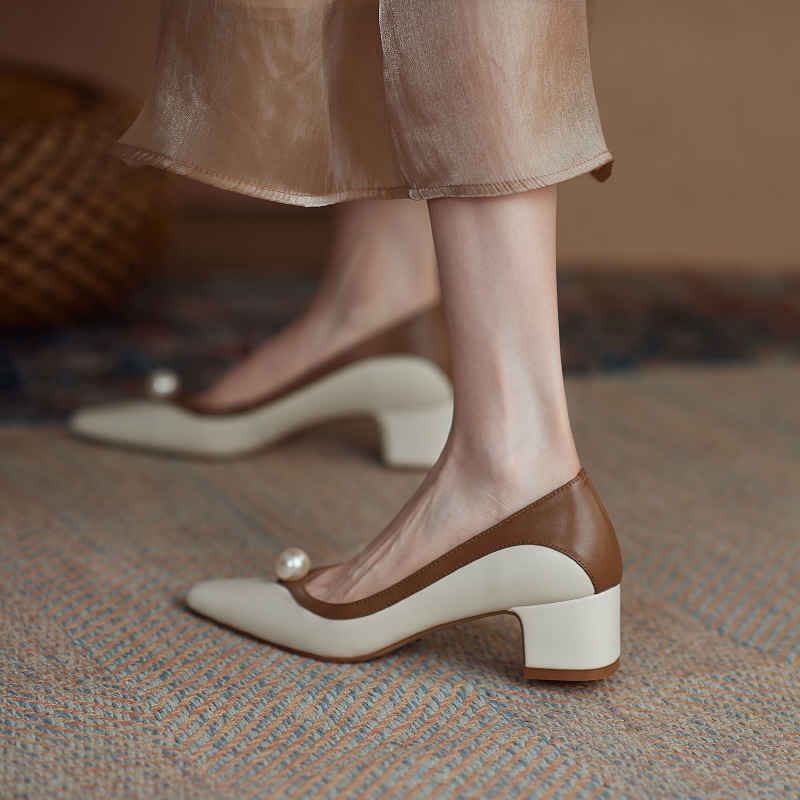 Giày Cao Gót Mũi Vuông Đính Ngọc Trai Nhân Tạo Phong Cách Pháp Cổ Điển Thời Trang Mùa Xuân 2022 Mới Dành Cho Nữ