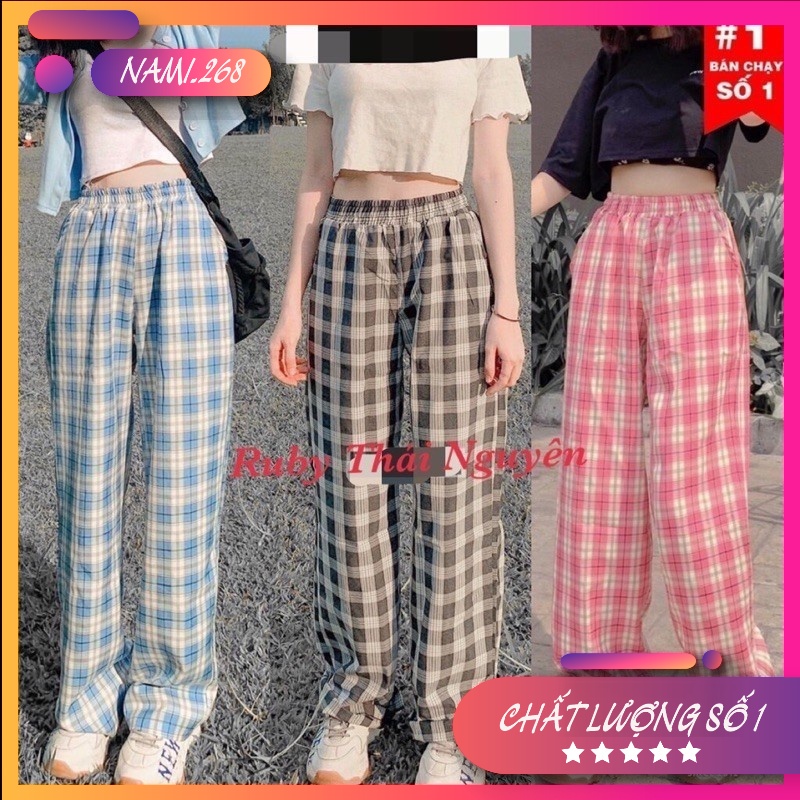 Quần Kẻ Nữ Caro Lưng Cao Dáng Rộng Ống Suông ulzzang