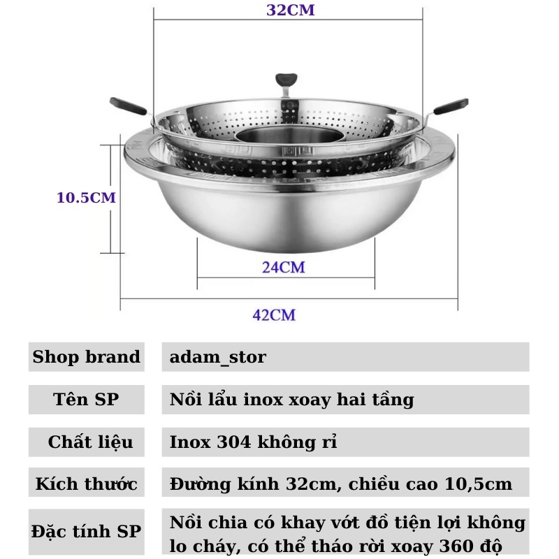 Nồi lẩu inox xoay 2 tầng Hàn Quốc Nồi lẩu inox 2 tầng dùng được cả bếp từ và bếp gas - Dung