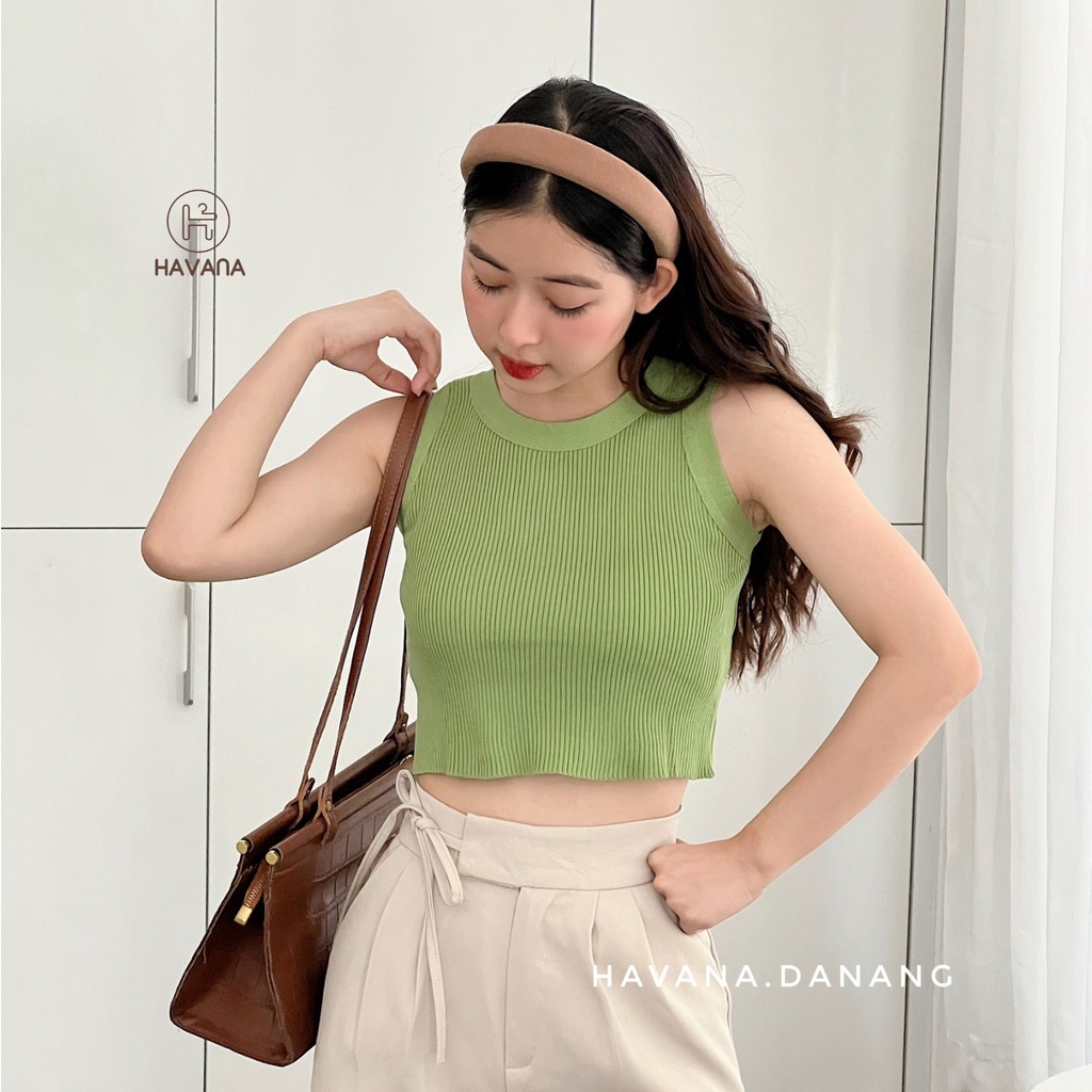 Áo tanktop ba lỗ len gân, áo croptop cổ tròn freesize co giãn AE208