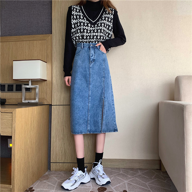 Chân Váy Denim Nữ Lưng Cao Xẻ Tà Phong Cách Hàn Quốc | BigBuy360 - bigbuy360.vn