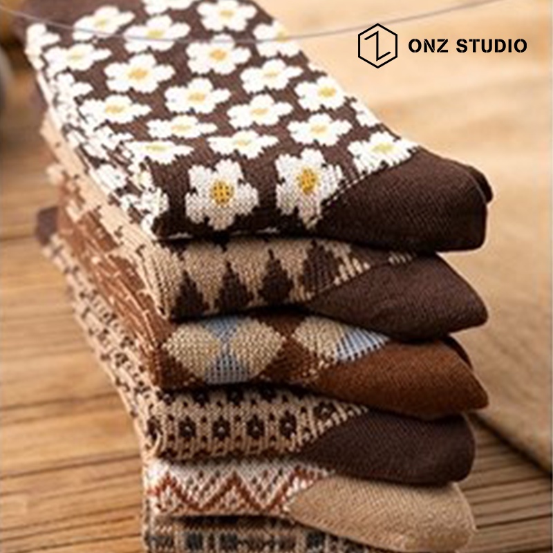Vớ cotton ONZ Studio - SET 6 - Tất chân nam nữ cổ cao mềm mịn co giãn phong cách vintage TA05