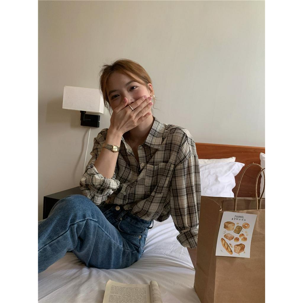 61211 Hàn Quốc Giản Dị polo Cổ Áo Sơ Mi Dài Tay Kẻ Sọc