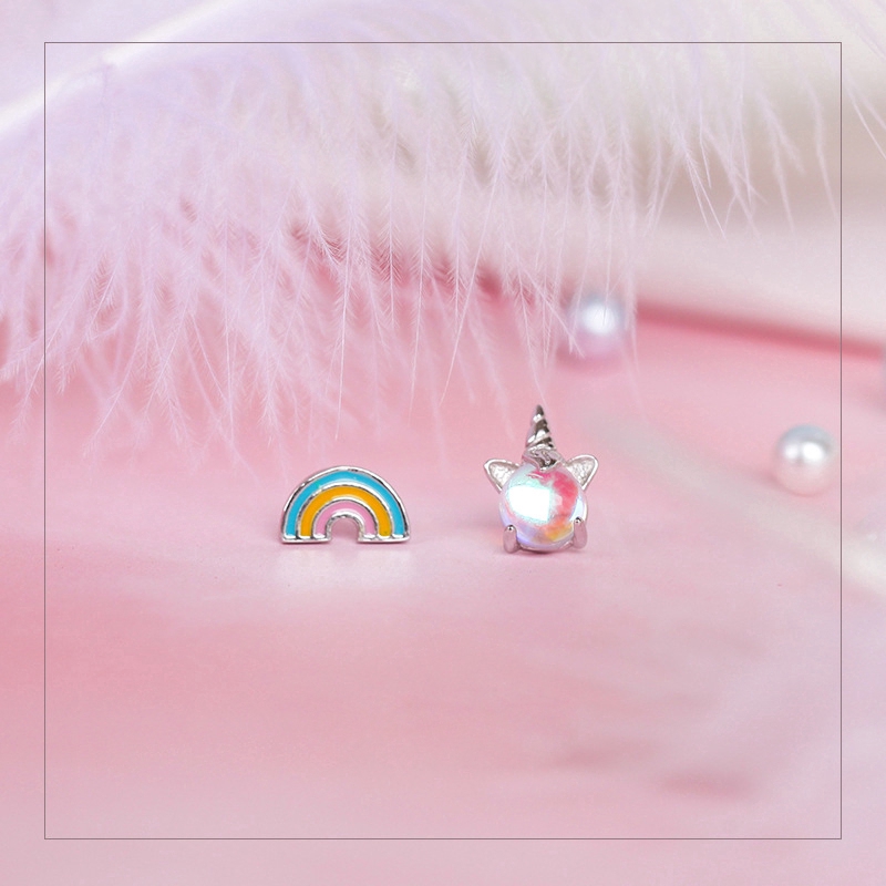 Rainbow Unicorn Stud Earrings 925 Sterling Silver Asymmetric Earrings Student Accessories