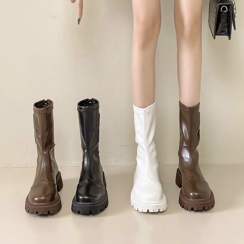 Boots nữ cổ ngắn da mềm ôm chân đế răng cưa cao 4cm có khoá kéo