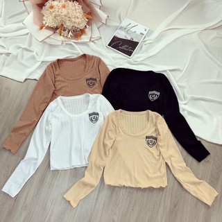 Áo Croptop Tay Dài Ôm Body Len Gân Thêu Logo Thu Đông Đen Trắng Nude Nâu DRACR78