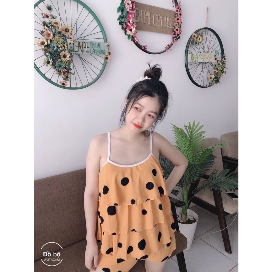 Đồ ngủ áo 2 dây 3 tầng vải lụa hàn họa tiết chấm bi siêu xinh freesize dưới 57kg