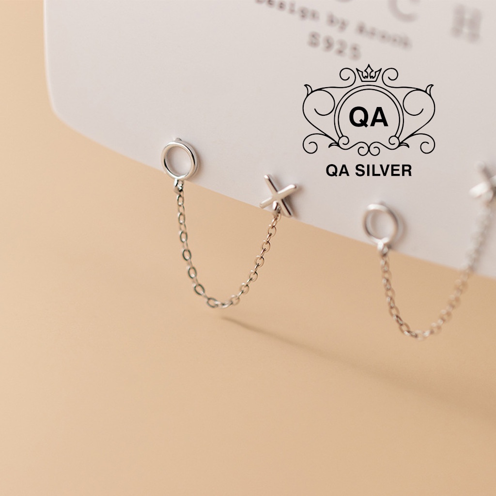Khuyên tai bạc 2 lỗ XO dây xích bông tai vành nữ S925 CHAIN Silver Earrings QA SILVER EA220701
