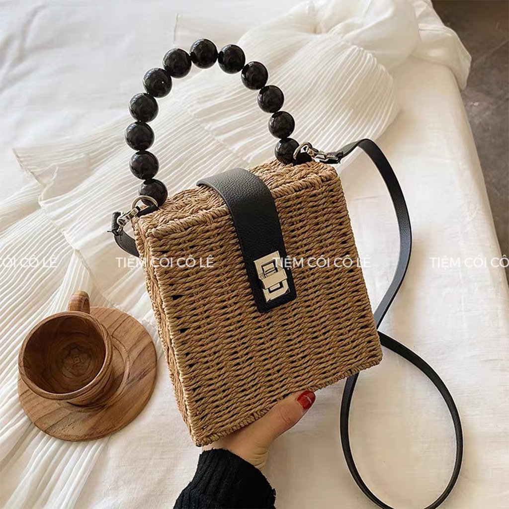 Túi hộp hình vuông, túi vali quai hạt trai đen có nắp cài kiểu dáng vintage - Tiệm Cói Cô Lê