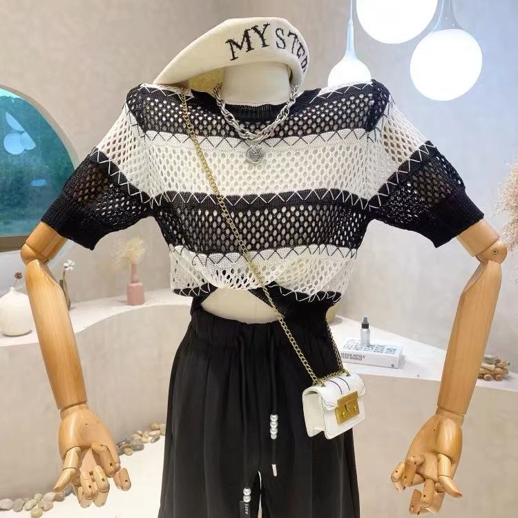 Áo Thun Tay Ngắn Cổ Tròn Họa Tiết Kẻ Sọc Màu Sắc Tương Phản Thời Trang Mùa Hè Cho Nữ