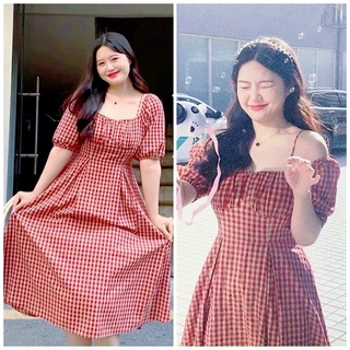 Đầm caro đỏ dây vai