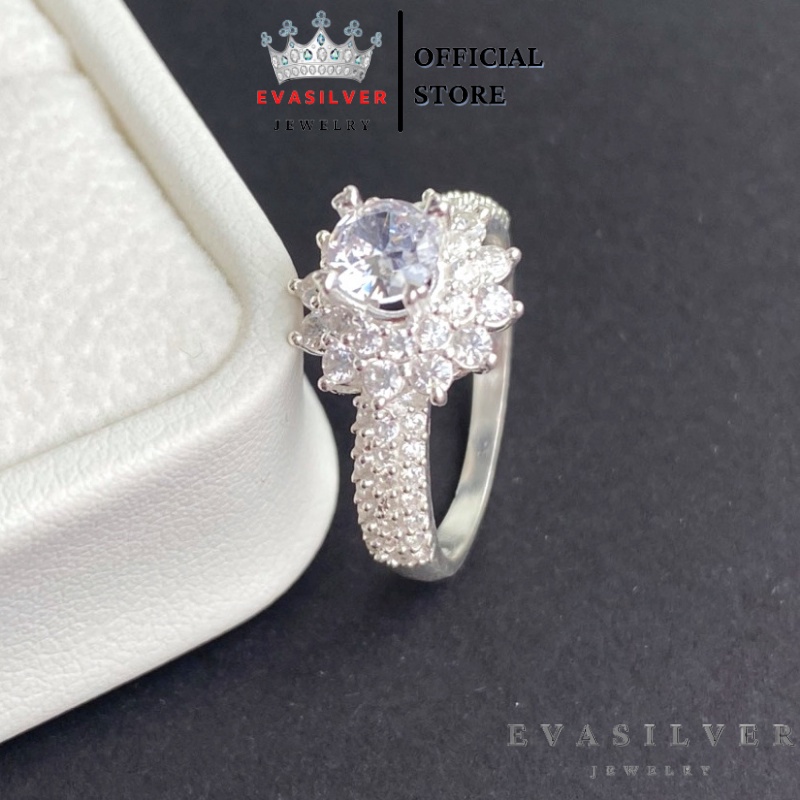 Nhẫn bạc nữ mặt hoa sen đính đá li to, Nhẫn nữ bạc ta cao cấp - Trang sức bạc Evasilver