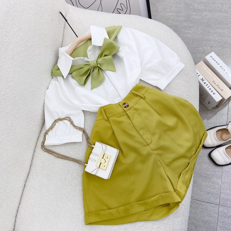 SET ÁO SƠ MI THẮT NƠ XANH + QUẦN SHORT XANH