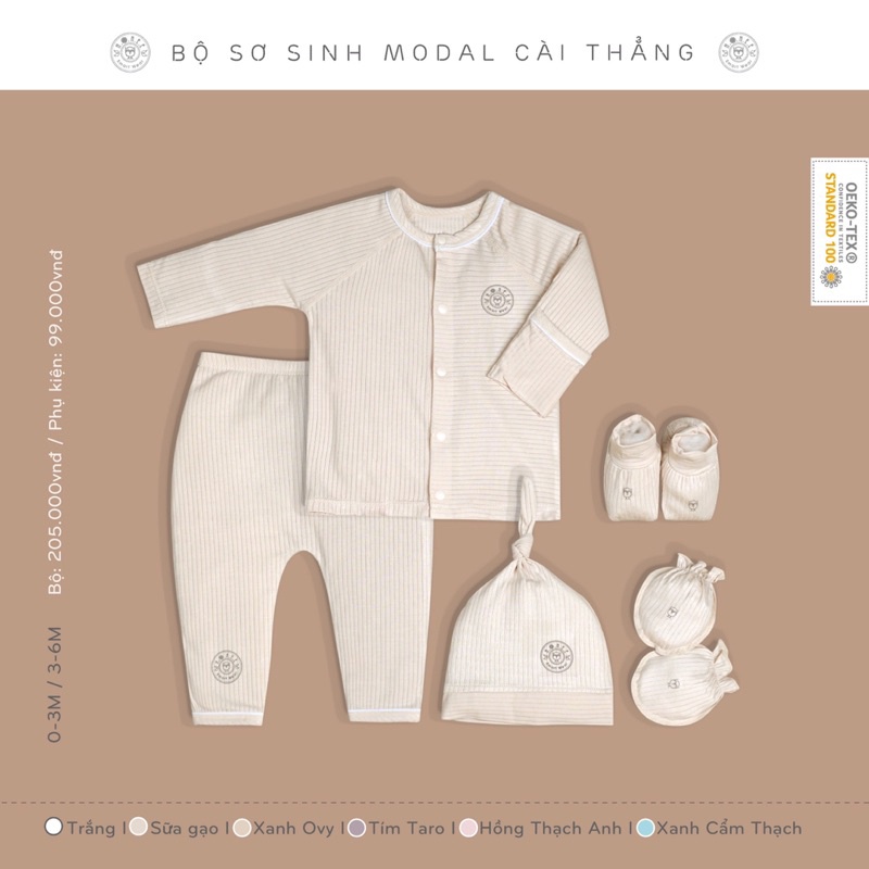 HRNEE chính hãng -  Bộ sơ sinh cài thẳng sợi modal gỗ sồi size 0-3M, 3-6M