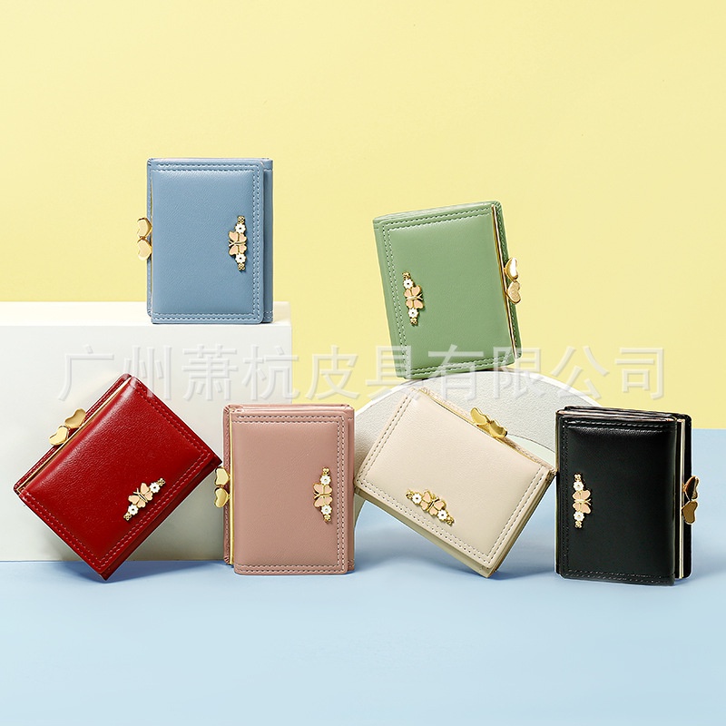 Ví Ngắn Ba Ngăn Đựng Thẻ / Tiền Xu Đính Nơ Đơn Giản Dễ Thương Thời Trang Cho Nữ Sinh Giá Đỡ