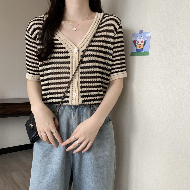 Áo thun ZHELIHANGFEI tay ngắn cổ chữ V họa tiết kẻ sọc thời trang cho nữ