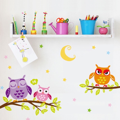 Decal trang trí tường - 3 chú cú sắc màu