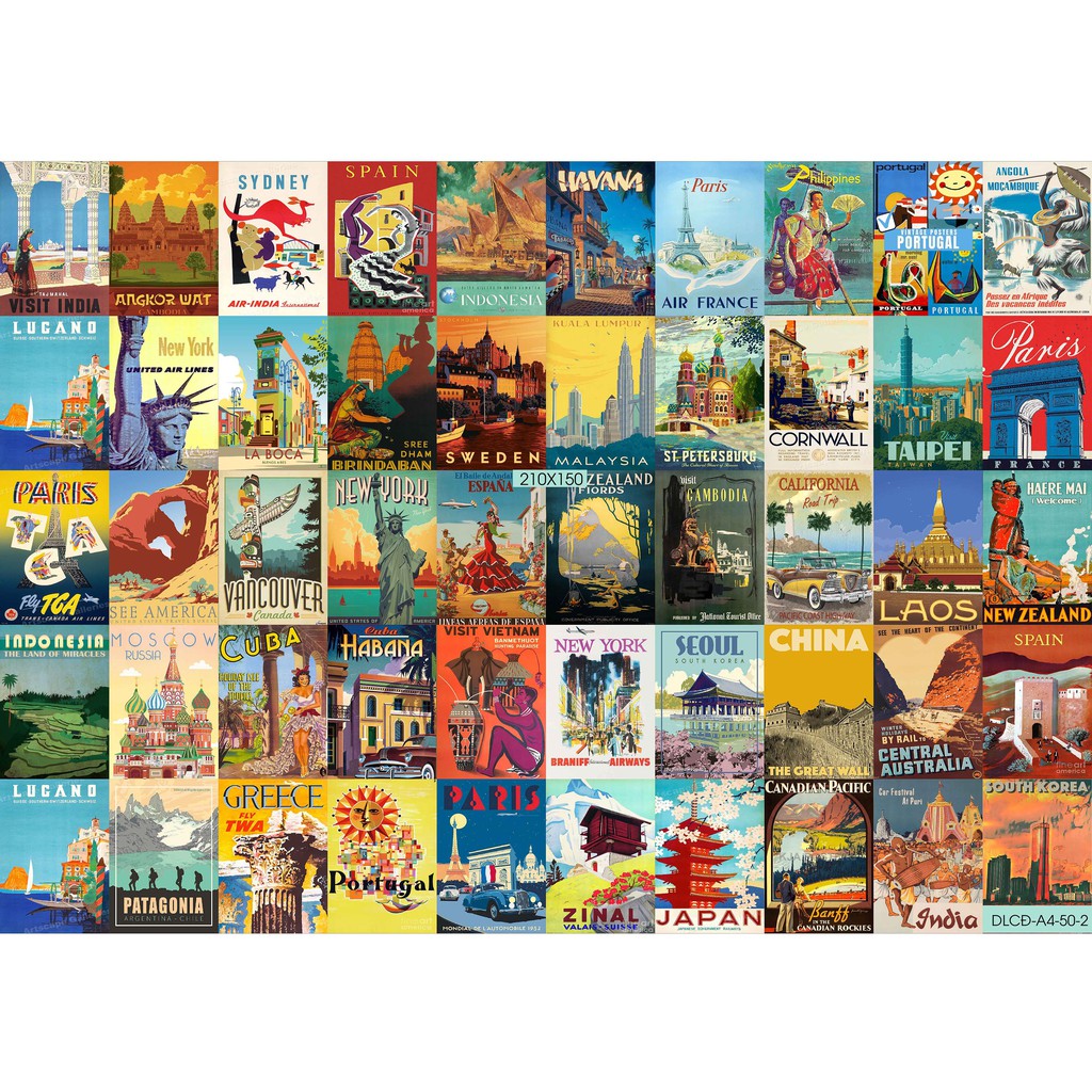 Combo Set 50 tờ Decal dán tường chủ đề Du lịch cổ điển