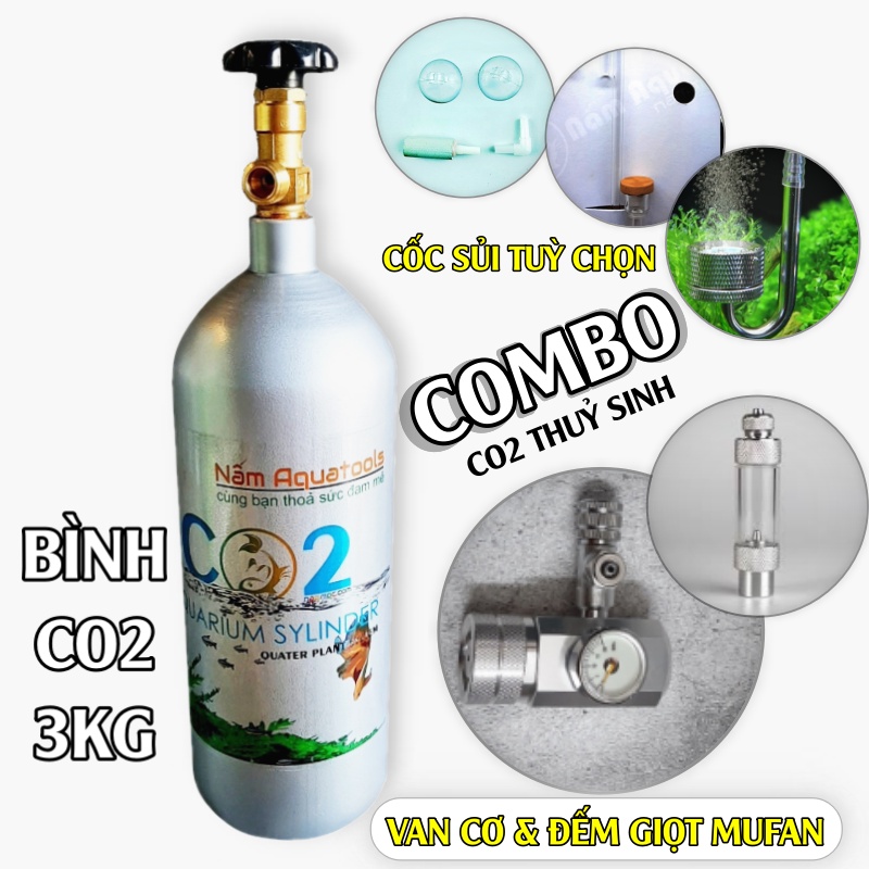 COMBO CO2 3KG VAN CƠ | Bình 3kG Full Khí + VAN CƠ Mufan + Cốc Sủi Tuỳ Chọn | Bộ CO2 Cho Hồ Thuỷ Sinh