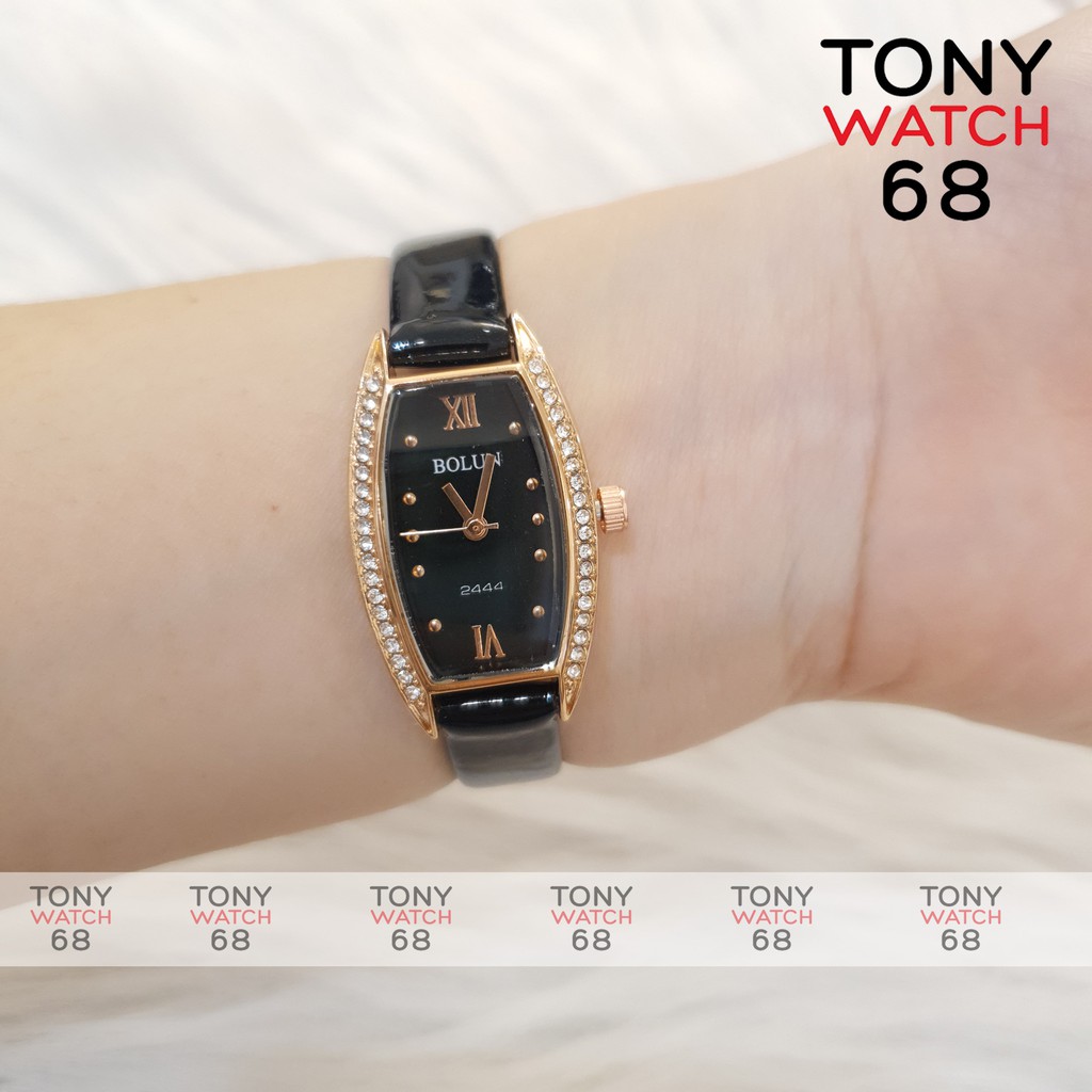 Đồng hồ đeo tay nữ chính hãng Bolun dây da đẹp số mặt nhỏ bầu dục đính đá