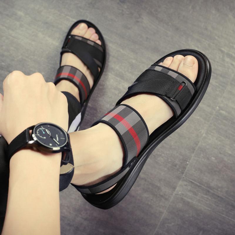 Sandal Nam Kẻ Sọc Đỏ Ghi - Dép Quai Hậu Kiểu Dáng Thời Trang Xu Hướng Mới