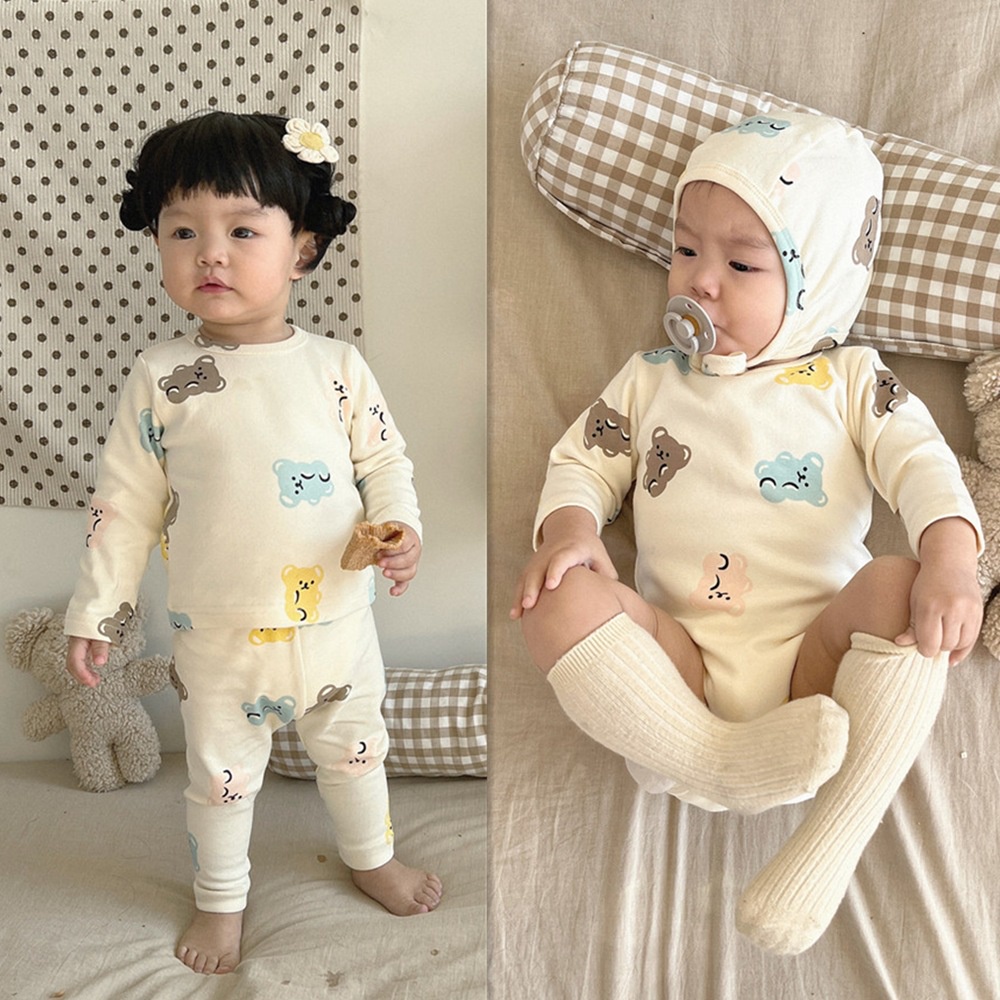 Bộ áo liền quần và quần dài hình gấu dễ thương thời trang thu đông cho bé