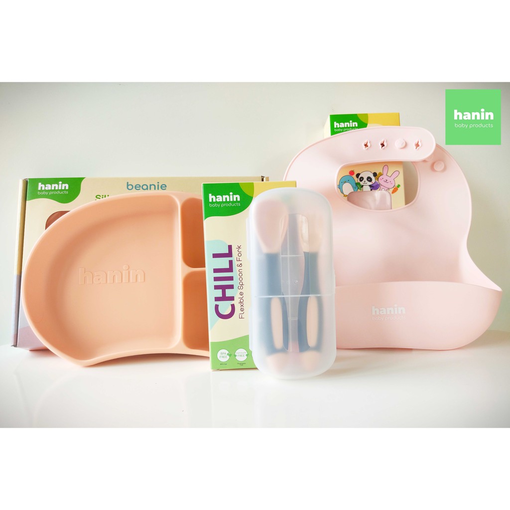 Bộ ăn dặm Silicon Hanin Baby gồm khay, yếm và thìa dĩa cho bé - Giảm 30K khi mua theo set