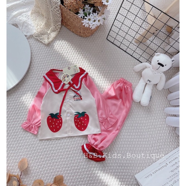 Bộ lụa 2 quả dâu dài tay bé gái