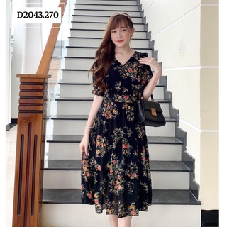 Đầm hoa đi chơi Nhật Vy cổ v tay lỡ viền bèo chất voan phù hợp dạo phố, công sở cafe sang chảnh - D2043