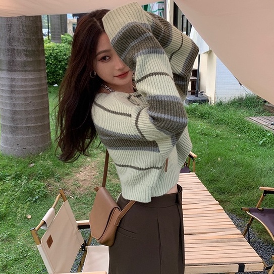 Áo len ZHELIHANGFEI dáng rộng tay dài họa tiết sọc dễ phối đồ thời trang