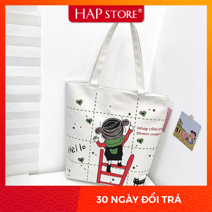 Túi vải đi học, túi vải có khóa và thêm 1 ngăn nhỏ, 2 lớp vải chống thấm nước, màu trắng họa tiết siêu cute - HAP Store