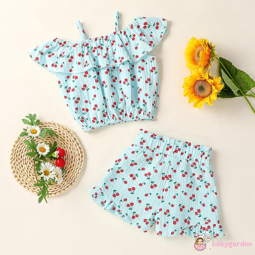 Bộ Áo Trễ Vai Không Tay In Hình Quả Cherry + Quần Short Trắng / Xanh Dương / Hồng Dành Cho Bé Gái 1-5 Tuổi