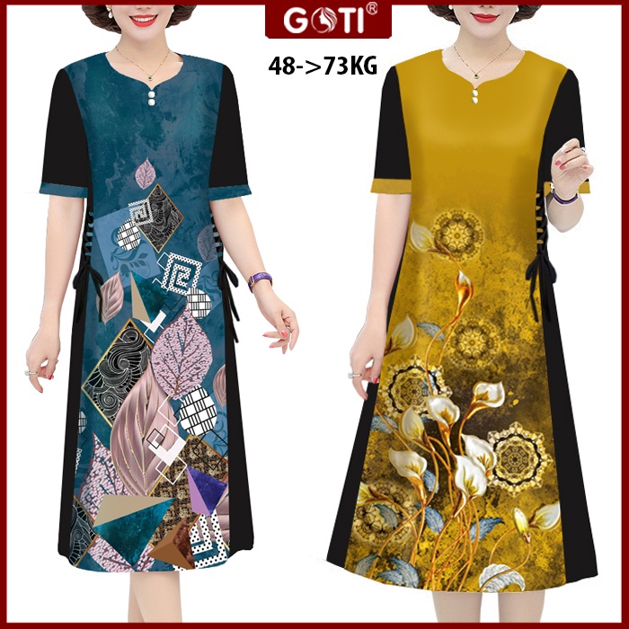 GOTI - Đầm Trung Niên Suông Bigsize Vải Lụa Tay Ngắn Váy Dài Qua Gối Nhiều Size Cho Người Mập 3333 3334