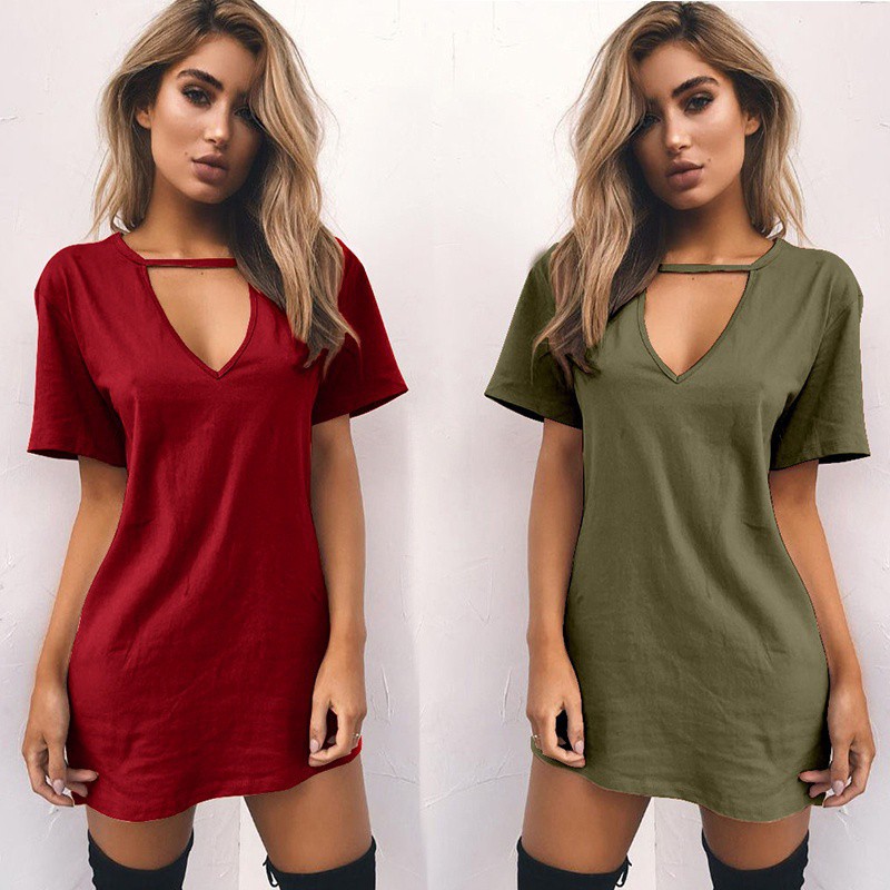 Đầm tay ngắn cổ chữ V thiết kế màu trơn thời trang nữ | BigBuy360 - bigbuy360.vn