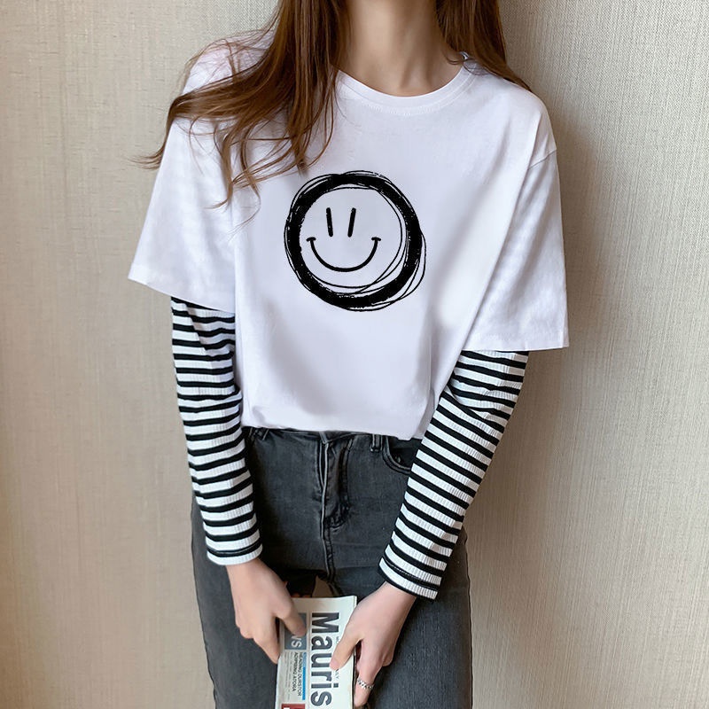 Áo Thun Tay Dài Giả Hai Lớp Dáng Rộng Phong Cách Harajuku Dễ Phối Đồ Thời Trang Mùa Thu Cho Nữ