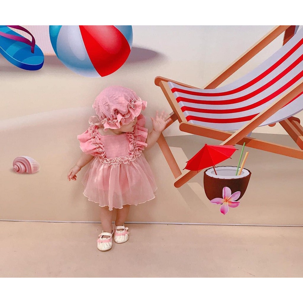 Body Cho Bé Gái  Kiểu Váy Nhún Bèo Kèm Mũ Cho Bé Từ Sơ Sinh Đến 3 Tuổi .