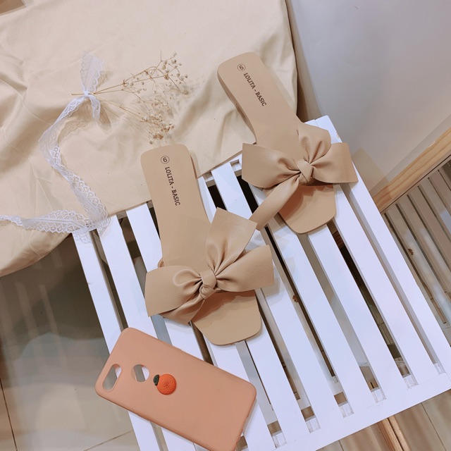 Dép nơ da thắt lolita basic