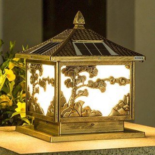 Đèn Sân vườn, trụ cổng năng lượng mặt trời nhôm đúc, hình cây tùng - R6712