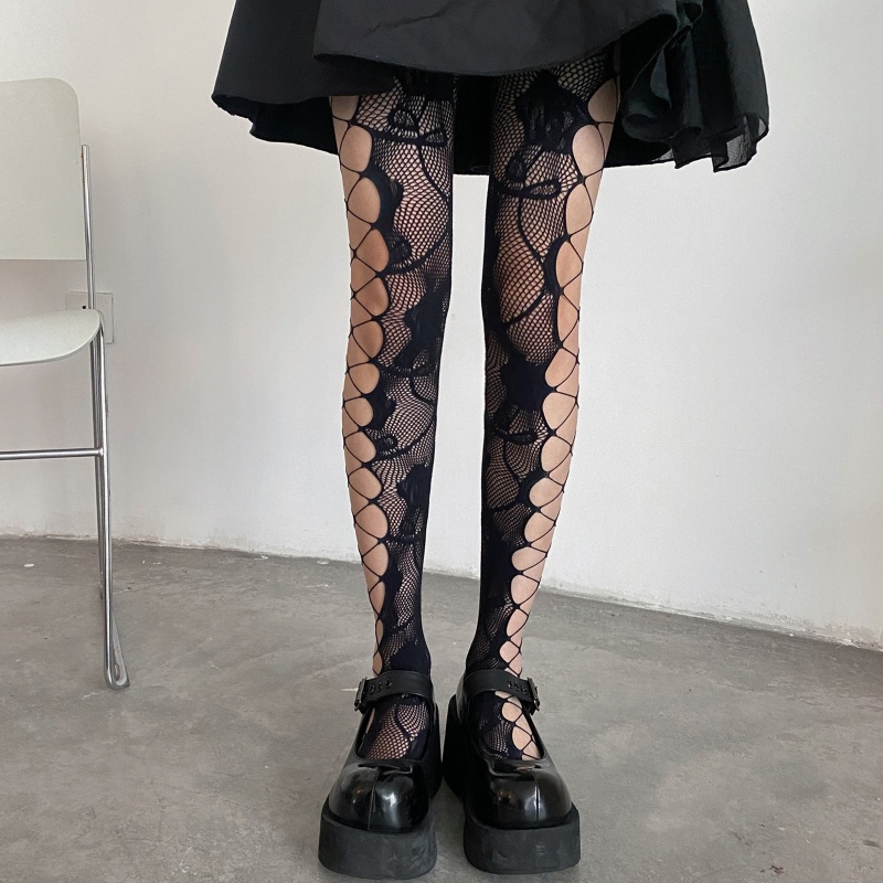 Brroa Quần Tất Lưới Khoét Rỗng Họa Tiết Hoa Hồng Phong Cách Gothic Harajuku Cho Nữ Jacqu